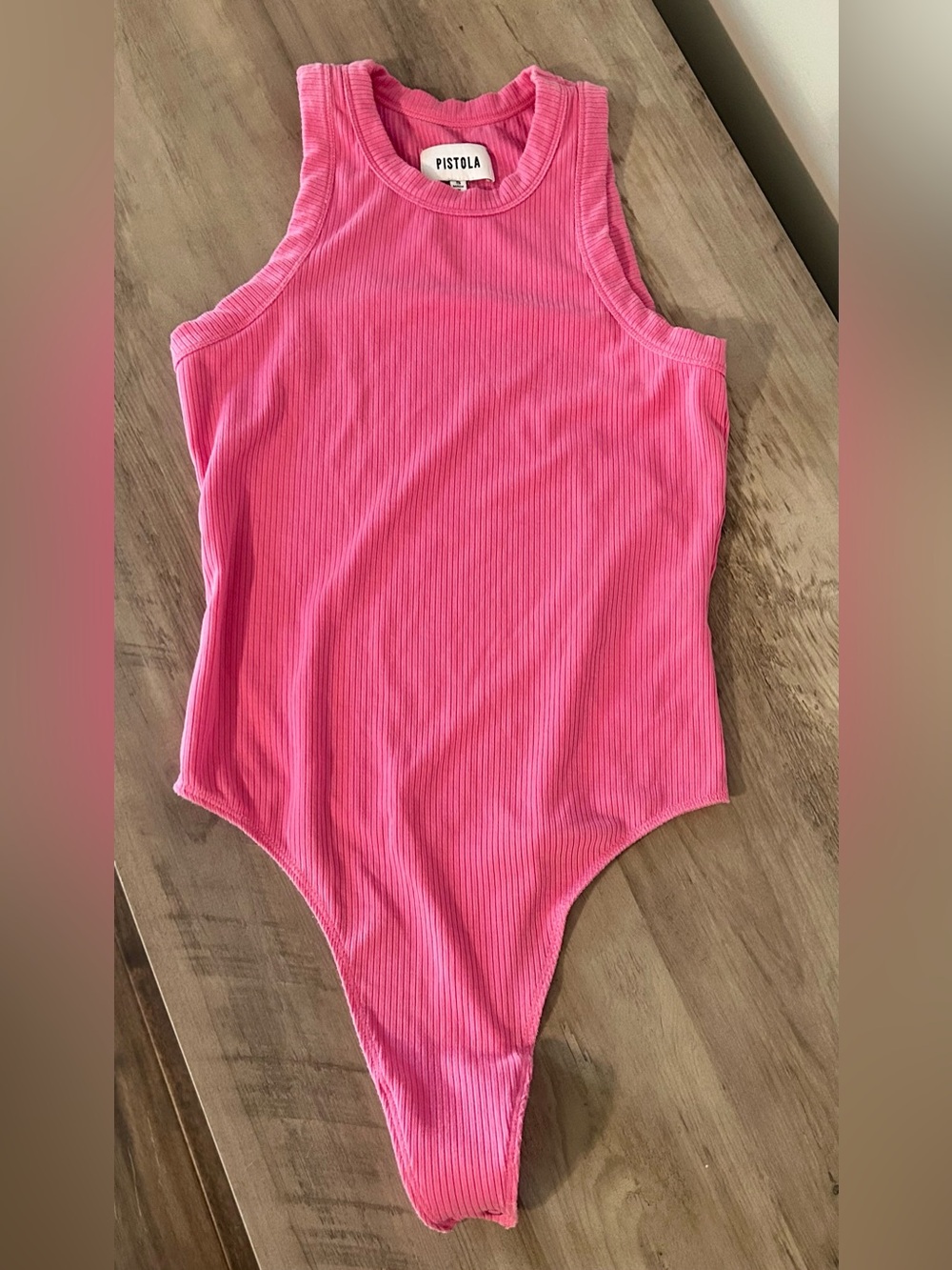 Pistola Pink Ribbed Sleeveless Bodysuit Size Small | High Neck Stretch Tank Top - Picture 2 of 5